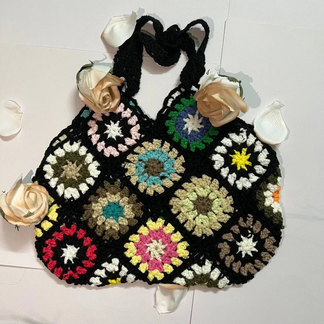 Large Capacity Boho Crochet Tote Bag - Floral Knitted Multicolor Handbag - Ageless Woman Wellness