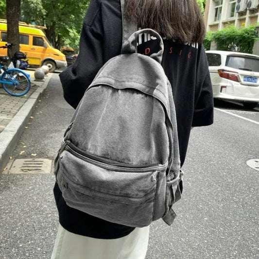Gray Denim Backpack Women's Travel Shoulder Bag Unisex Fashion Schoolbag - Ageless Woman Wellness