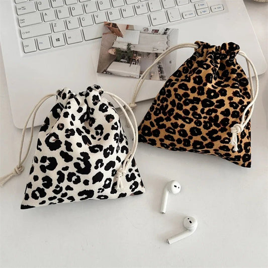 Leopard Print Drawstring Cosmetic Bags Fashion Girl Coin Bags Purse Keys Earphone Lipstick Toiletry Makeup Organizer Pocket Bags - Ageless Woman Wellness