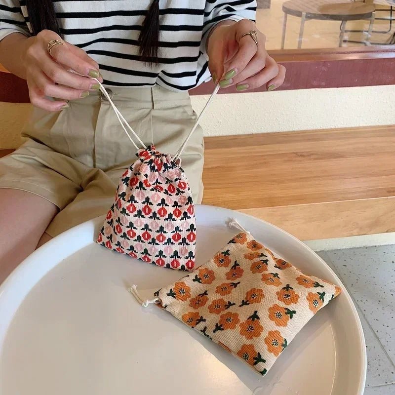 Corduroy Floral Storage Drawstring Bag Women Cosmetic Organizer Pouch Cute Makeup Bag Christmas Gift Candy Jewelry Organizer - Ageless Woman Wellness