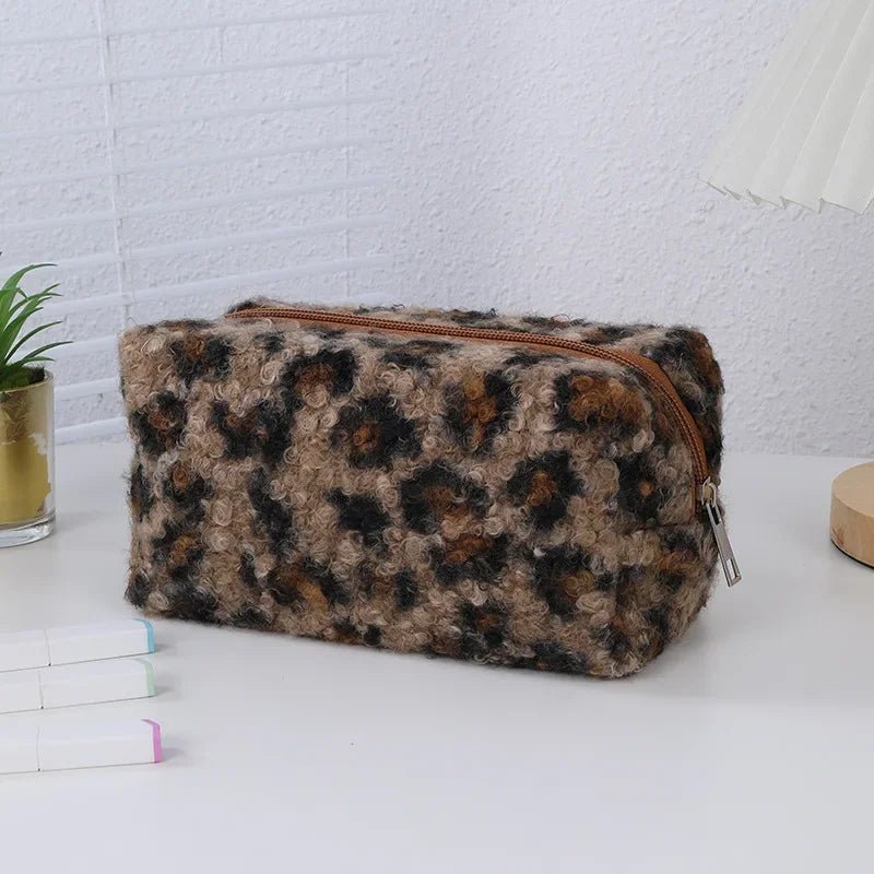 Leopard Print Soft Plush Travel Cosmetic Bag Lipstick Brush Toiletry Kit Storage Bag Women Makeup Handbags Organizer Pouch Bag - Ageless Woman Wellness