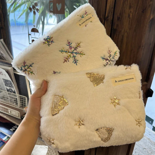 Soft Plush Christmas Women's Cosmetic Bag Large Capacity Makeup Pouch Toiletries Travel Wash Bag - Ageless Woman Wellness