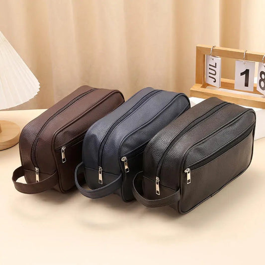 Men's Waterproof Toiletry Bag PVC Lychee Pattern Cosmetic Organizer - Ageless Woman Wellness