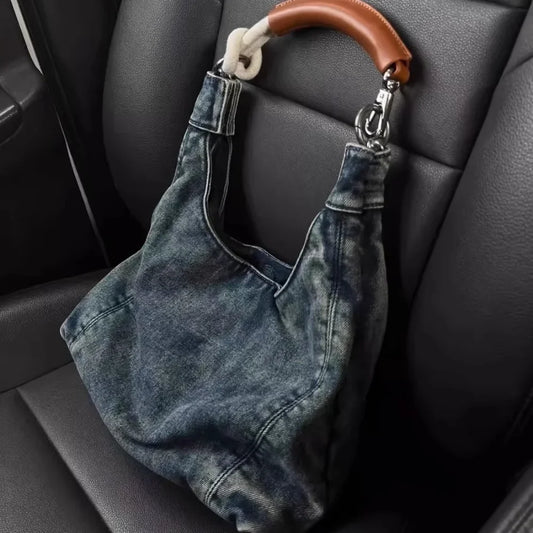 Retro Denim Shoulder Bag for Women - Leather Handle, Trendy Hobo Handbag - Ageless Woman Wellness