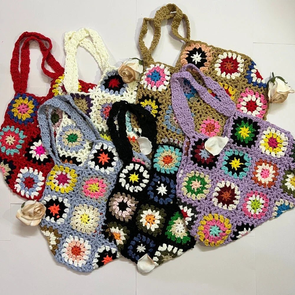Large Capacity Boho Crochet Tote Bag - Floral Knitted Multicolor Handbag - Ageless Woman Wellness