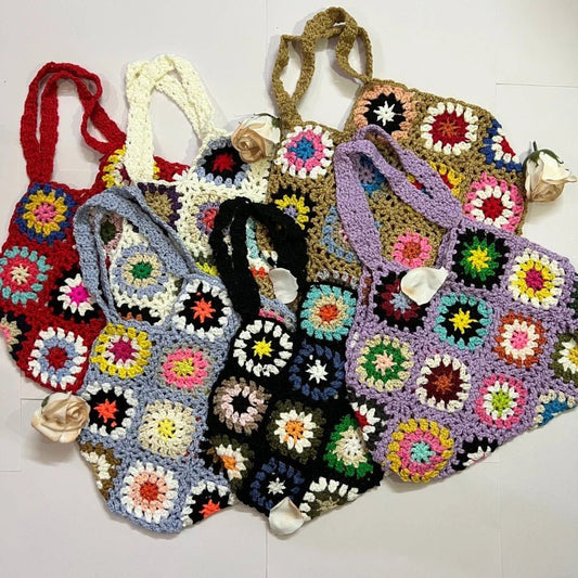 Large Capacity Boho Crochet Tote Bag - Floral Knitted Multicolor Handbag - Ageless Woman Wellness