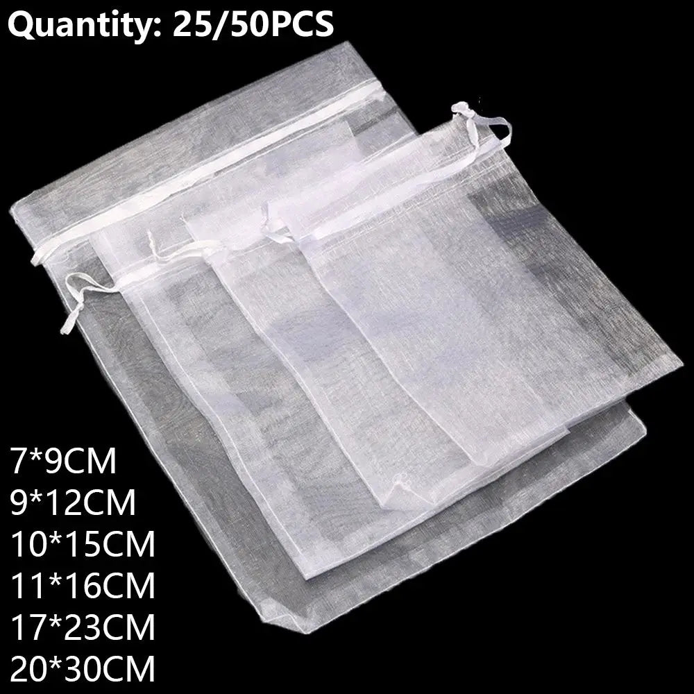 25/50PCS Drawable Christmas Favor Jewelry Packing Drawstring Pocket Gift Bags Organza Gauze Sachet White Pouches - Ageless Woman Wellness