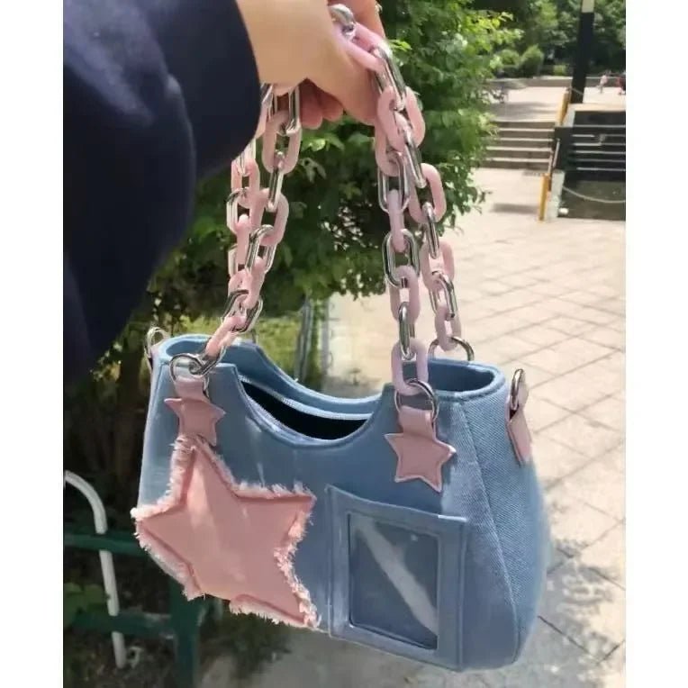 Fashion Denim Chain Shoulder Bag Handbag Purse Luxury Square Tote - Ageless Woman Wellness
