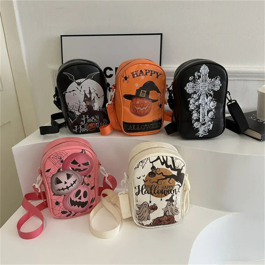 Quirky Halloween Cartoon Ghost Crossbody Bag - Soft PU Leather Mobile Phone Bag - Ageless Woman Wellness