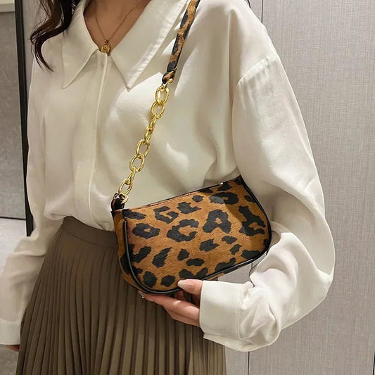 Vintage Leopard Plush Chain Shoulder Bag Luxury Designer Handbag - Ageless Woman Wellness