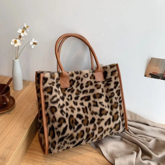 Women's Plush Leopard Cow Print Tote Bag - Furry PU Leather Shoulder Bag - Ageless Woman Wellness