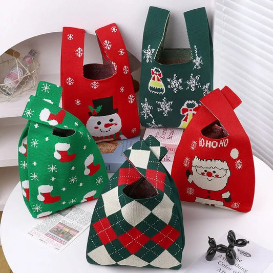 Christmas Knit Handbag Snowflake Santa Tote Reusable Shopping Bag Handmade Wrist Bag - Ageless Woman Wellness