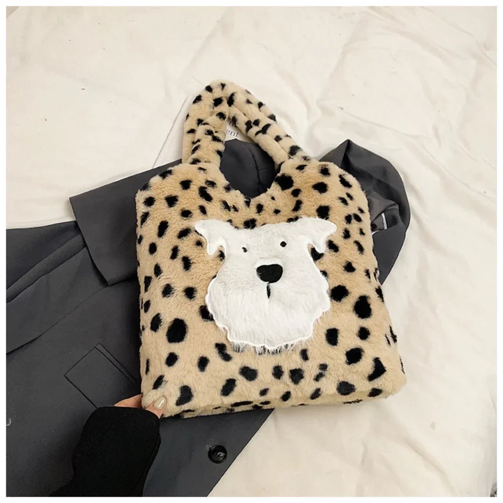 Cute Puppy Plush Leopard Print Tote Bag - Large Capacity Fashion Shoulder Bag - Ageless Woman Wellness