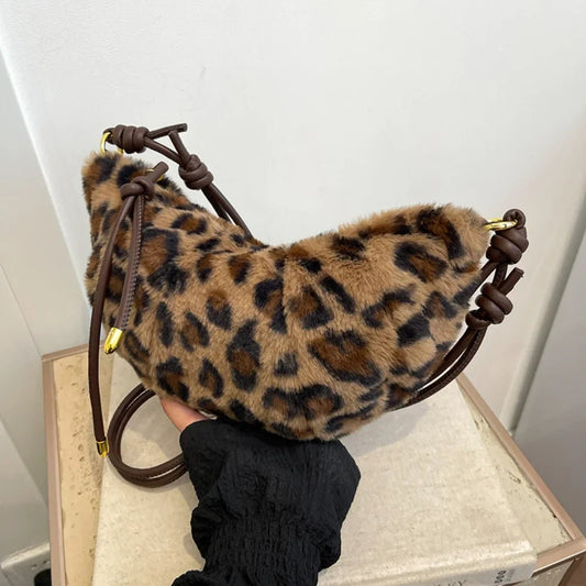 Leopard Print Plush Shoulder Bag - Versatile Crossbody Hobo Bag - Ageless Woman Wellness