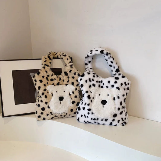 Cute Puppy Plush Leopard Print Tote Bag - Large Capacity Fashion Shoulder Bag - Ageless Woman Wellness