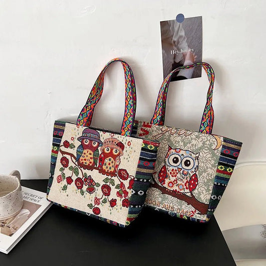 Boho Owl Elephant Pattern Linen Tote Bag - Ageless Woman Wellness