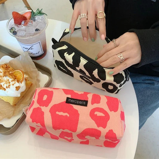 Japanese Style Leopard Cosmetic Bag Women Canvas Handbags Purse Organizer Pencil Case Lipstick Bag Makeup Bags Women Leopard Bag - Ageless Woman Wellness