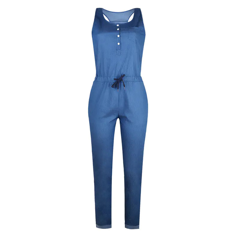 Denim Sleeveless Jumpsuit with Long Pants
