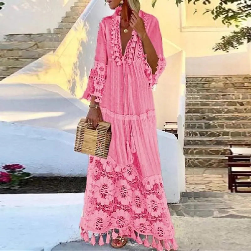 2021 Spring Bohemian Lace Tassel Beach Maxi Dress