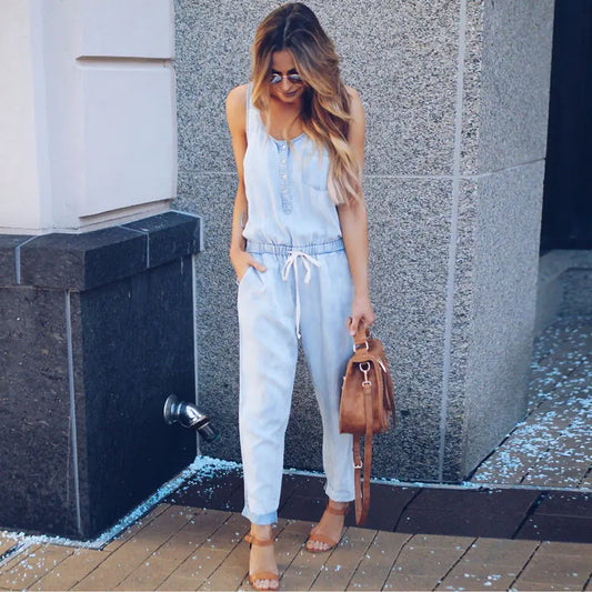 Denim Sleeveless Jumpsuit with Long Pants