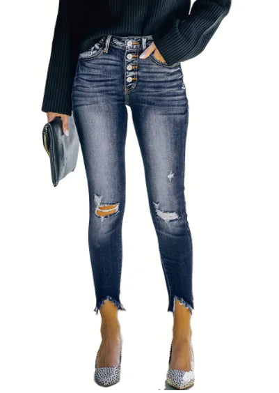 Women's Distressed Blue Mid-Rise Skinny Jeans