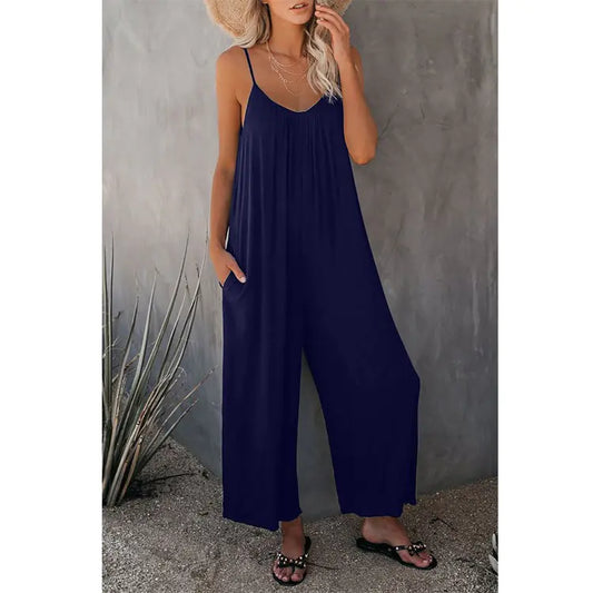 Boho Spaghetti Ruched Sleeveless Wide Leg Jumpsuit