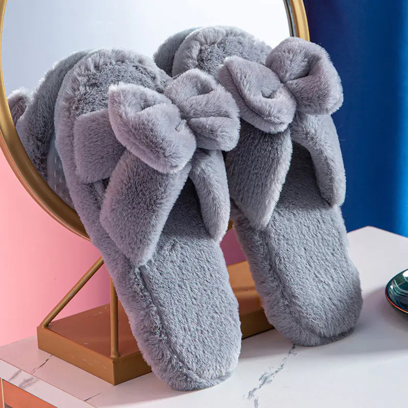 Bowknot Plush Cotton Slippers for Cozy Comfort