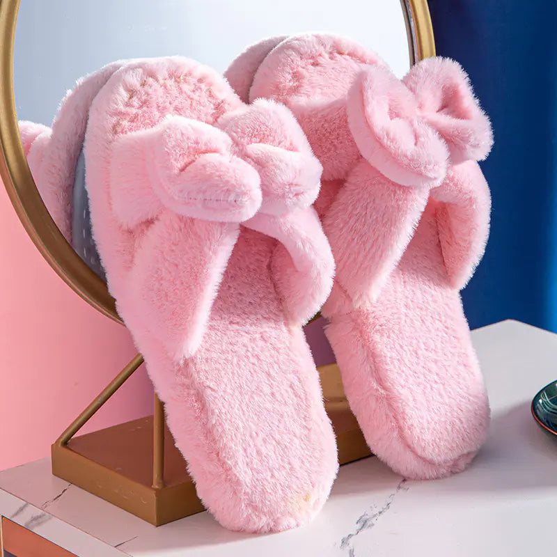Bowknot Plush Cotton Slippers for Cozy Comfort