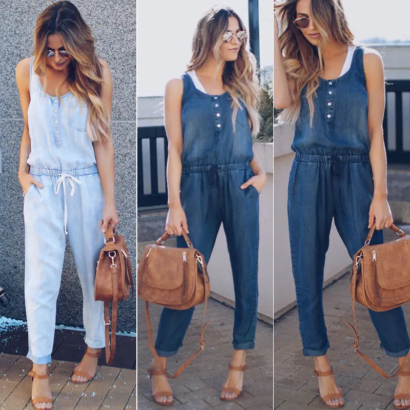 Denim Sleeveless Jumpsuit with Long Pants