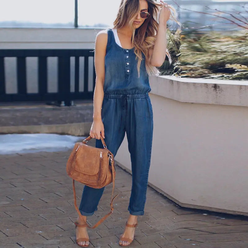 Denim Sleeveless Jumpsuit with Long Pants