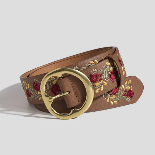 Boho Flower Embroidery PU Leather Belt for Women