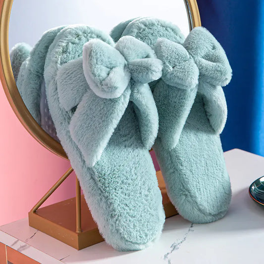 Bowknot Plush Cotton Slippers for Cozy Comfort