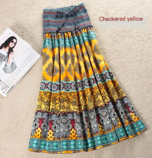Bohemian Floral Cotton Linen Maxi Skirt Dress