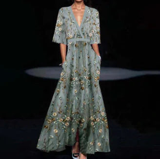 Summer V-Neck Floral Split Maxi Dress with Belt – Women's A-line Short Sleeve Party & Beachwear