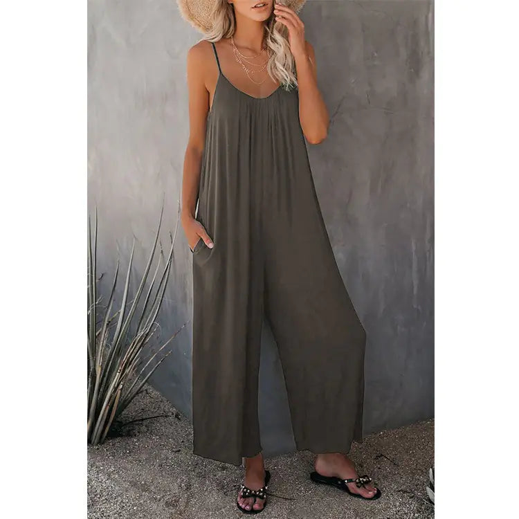 Boho Spaghetti Ruched Sleeveless Wide Leg Jumpsuit