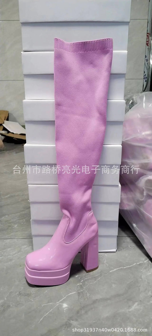 Women's Over-the-Knee Chunky Heel Knit Boots