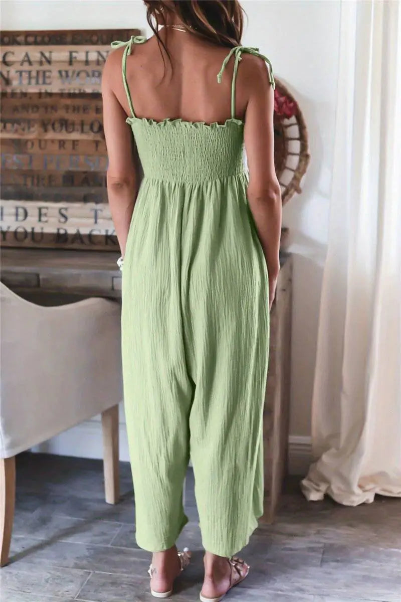 Boho Wide Leg Smocked Backless Cami Jumpsuit
