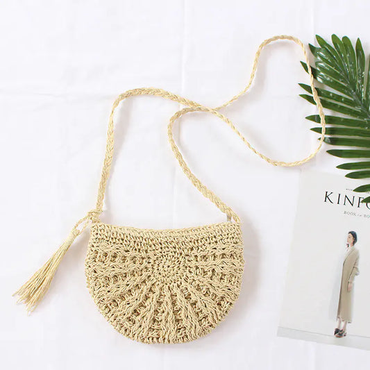 Retro Half Round Tassel Woven Straw Crossbody Bag