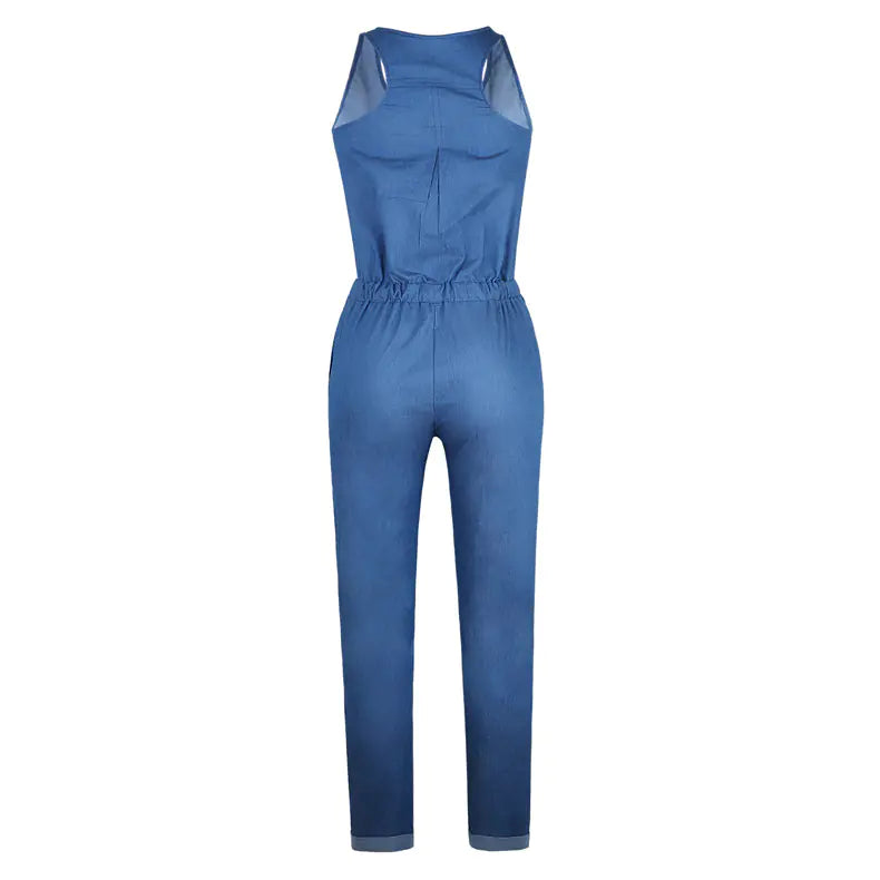 Denim Sleeveless Jumpsuit with Long Pants