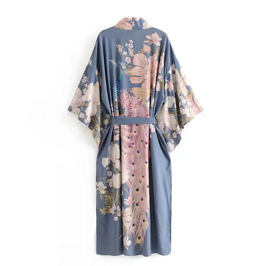 F1250 Women's Peacock Floral Print Kimono Robe
