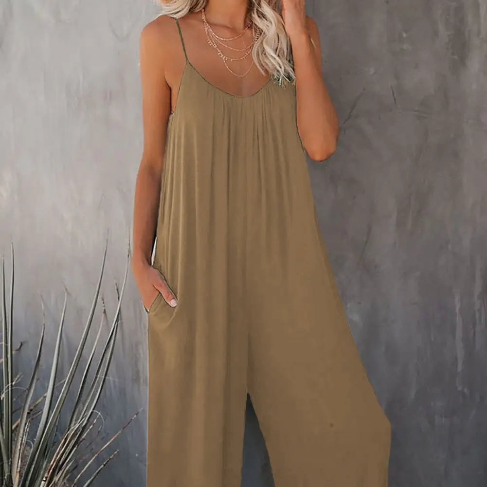 Boho Spaghetti Ruched Sleeveless Wide Leg Jumpsuit