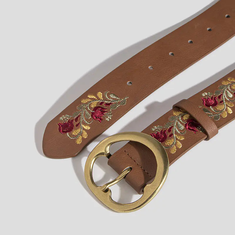 Boho Flower Embroidery PU Leather Belt for Women