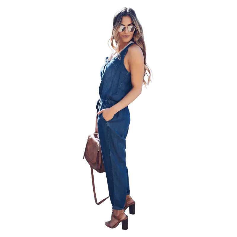 Denim Sleeveless Jumpsuit with Long Pants