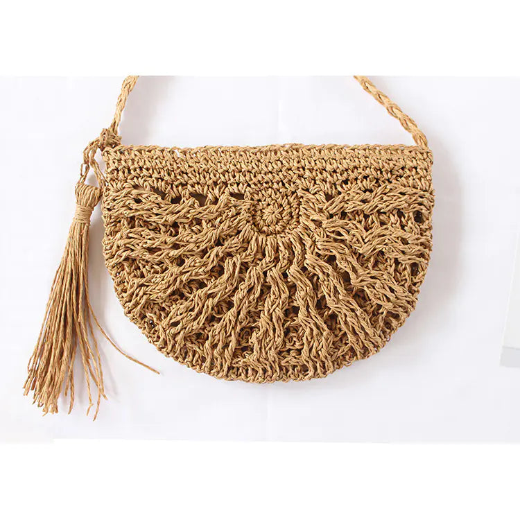 Retro Half Round Tassel Woven Straw Crossbody Bag