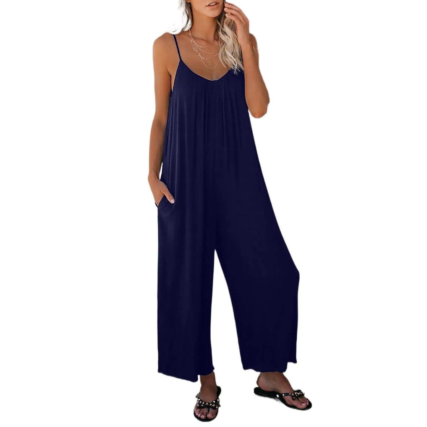Boho Spaghetti Ruched Sleeveless Wide Leg Jumpsuit