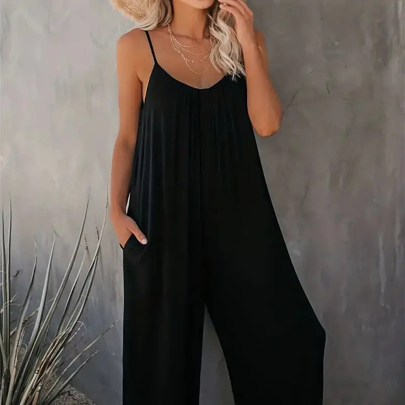 Boho Spaghetti Ruched Sleeveless Wide Leg Jumpsuit