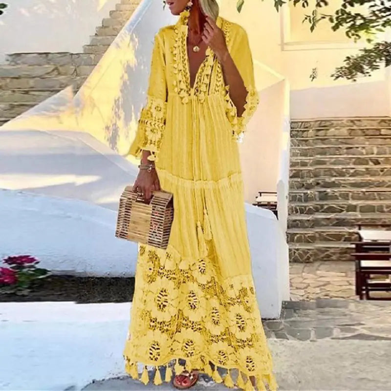 2021 Spring Bohemian Lace Tassel Beach Maxi Dress