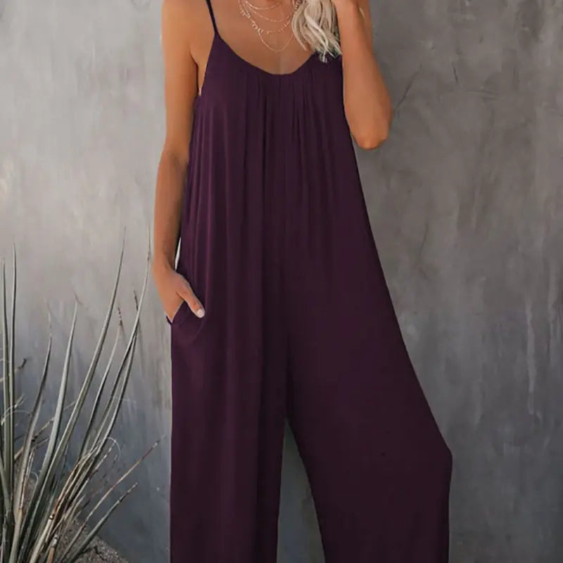 Boho Spaghetti Ruched Sleeveless Wide Leg Jumpsuit