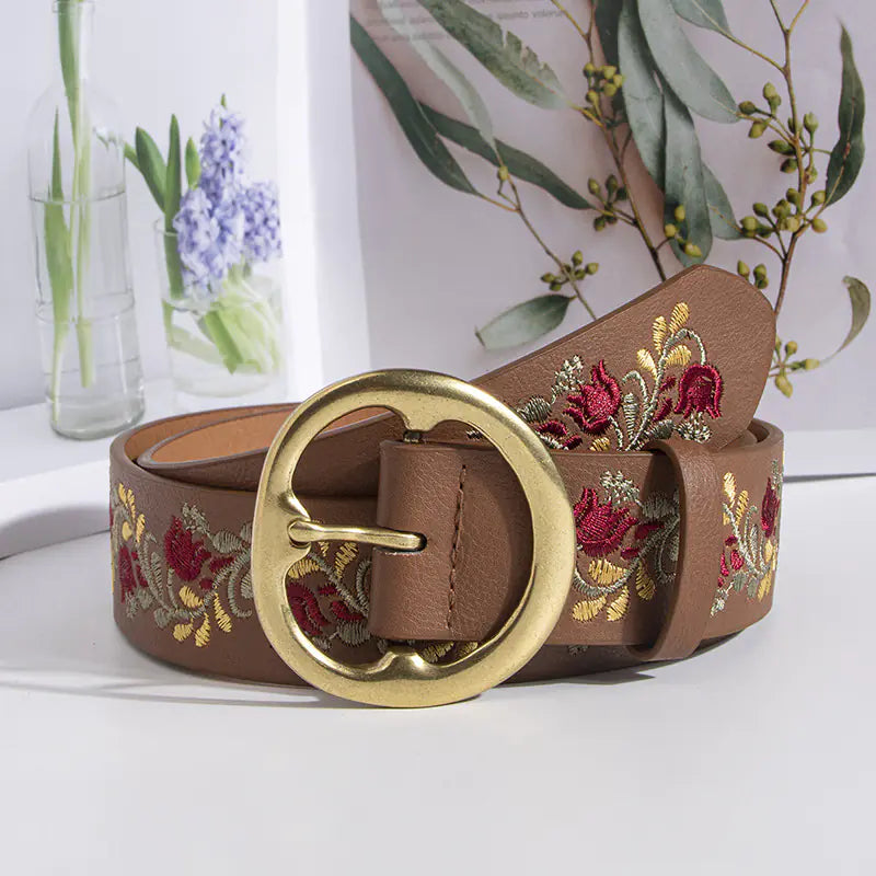 Boho Flower Embroidery PU Leather Belt for Women